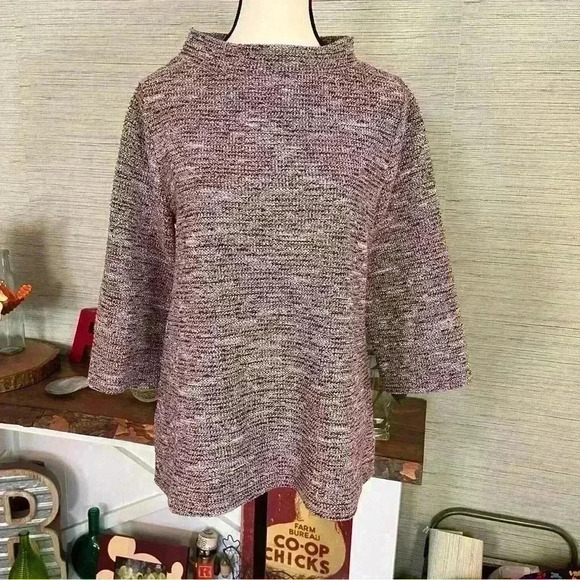 Loft Women Sweater Size M Pink Boucle Tweed Knit 3/4 Sleeve Mock Turtleneck - Picture 10 of 10